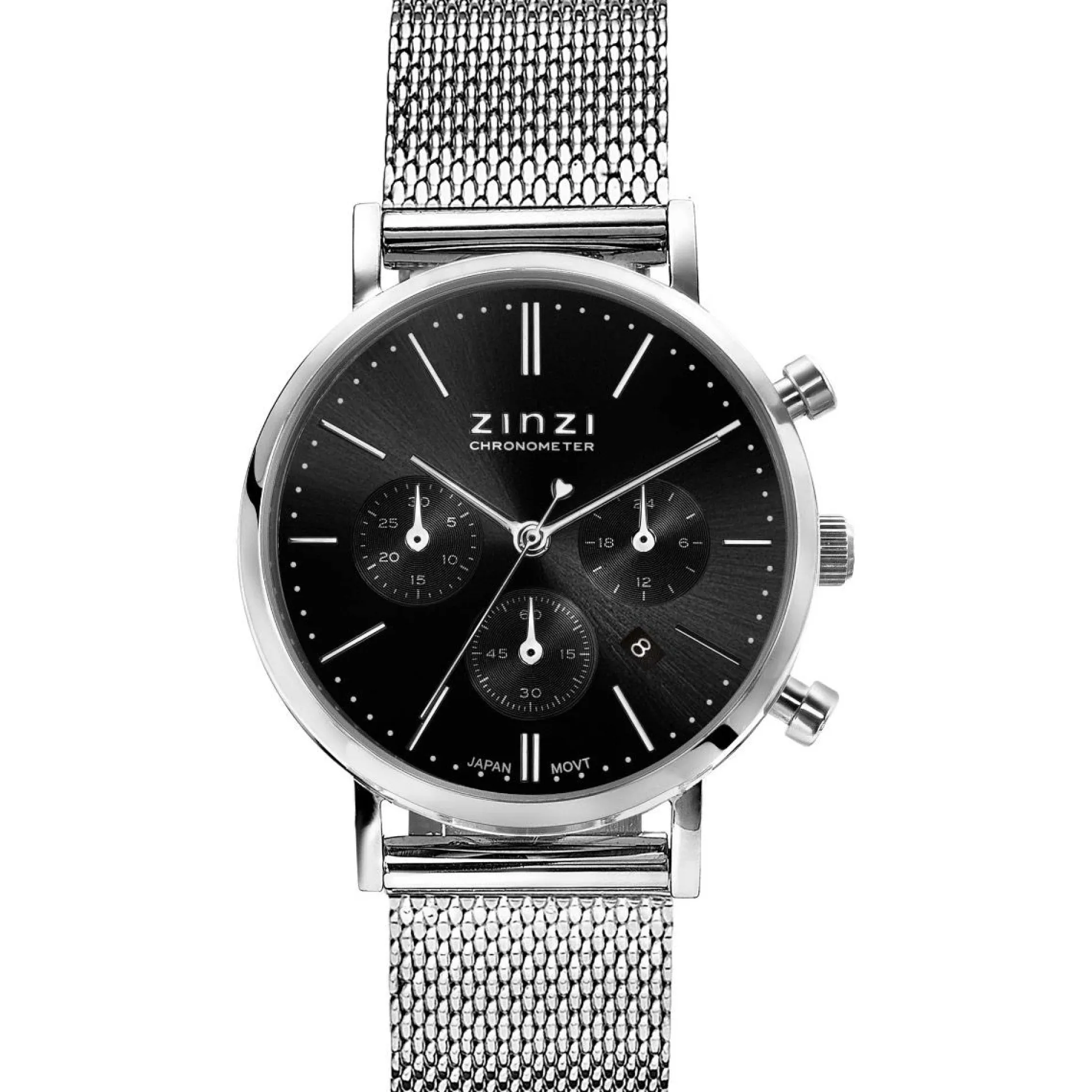 ZINZI horloge CHRONOGRAPH 34mm zwarte wijzerplaat met datum en chronometers, stalen kast, stalen mesh band 18mm ZIW1501