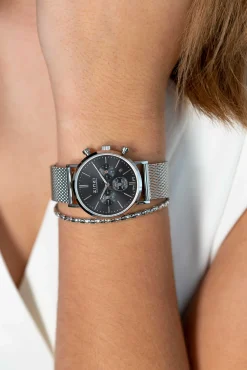 ZINZI horloge CHRONOGRAPH 34mm zwarte wijzerplaat met datum en chronometers, stalen kast, stalen mesh band 18mm ZIW1501