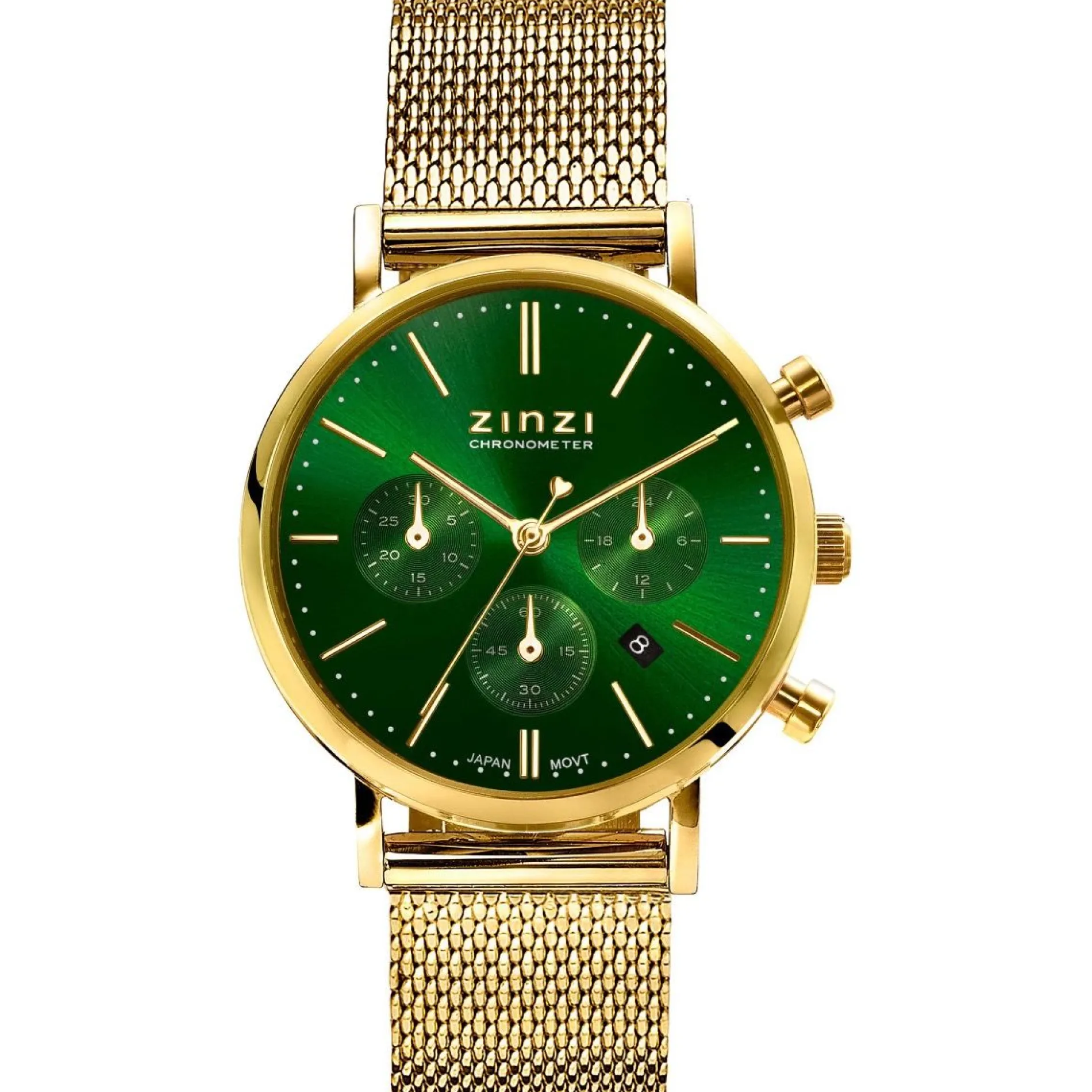 ZINZI horloge CHRONOGRAPH 34mm groene wijzerplaat met datum en chronometers, geelgoudkleurige stalen kast, geelgoudkleurige stalen mesh band 18mm ZIW1535