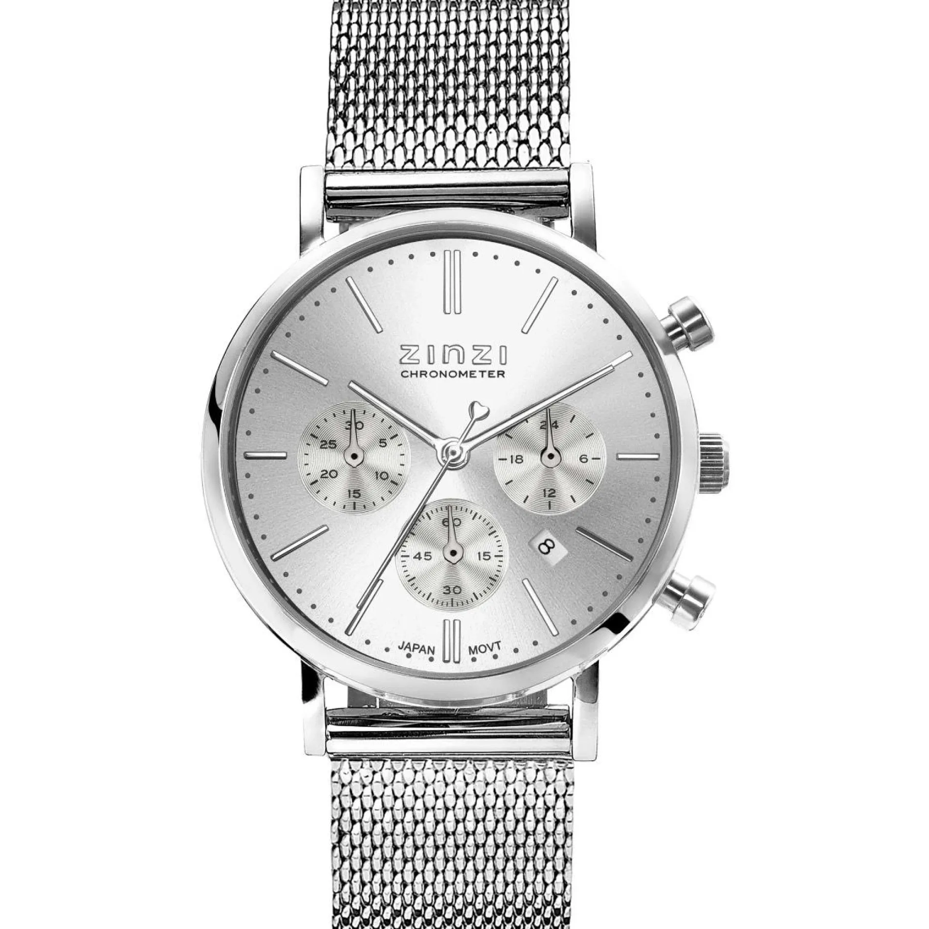 ZINZI horloge CHRONOGRAPH 34mm zilverkleurige wijzerplaat met datum en chronometers, stalen kast, stalen mesh band 18mm ZIW1502