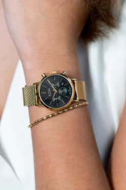 ZINZI horloge CHRONOGRAPH 34mm zwarte wijzerplaat met datum en chronometers, geelgoudkleurige stalen kast, geelgoudkleurige stalen mesh band 18mm ZIW1543