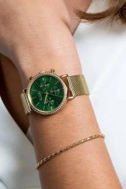 ZINZI horloge CHRONOGRAPH 36mm stopwatch groene wijzerplaat, geelgoudkleurige stalen kast met crystals, geelgoudkleurige stalen mesh band 18mm ZIW1635