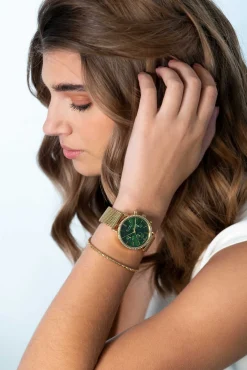 ZINZI horloge CHRONOGRAPH 36mm stopwatch groene wijzerplaat, geelgoudkleurige stalen kast met crystals, geelgoudkleurige stalen mesh band 18mm ZIW1635