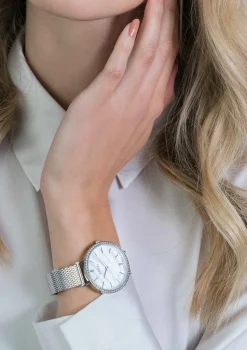 ZINZI horloge GRACE 34mm wit parelmoer wijzerplaat, rondom bezet met witte crystals, stalen kast en band ziw1317