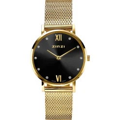 ZINZI Lady Crystal horloge zwarte wijzerplaat, geelgoudkleurige kast en stalen mesh band, witte crystals bij uuraanduiding, 28mm ZIW643M