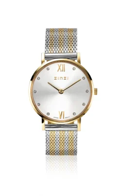ZINZI Lady Crystal horloge zilvergekleurde wijzerplaat, geelgoudkleurige kast en bicolor stalen mesh band, witte crystals bij uuraanduiding, 28mm extra dun ZIW633MB
