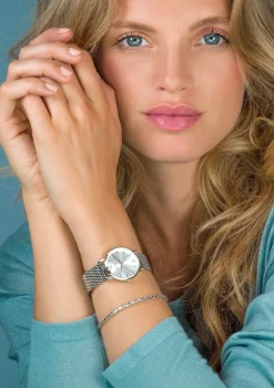ZINZI Lady horloge zilvergekleurde wijzerplaat en kast stalen mesh band 28mm extra dun ZIW602M