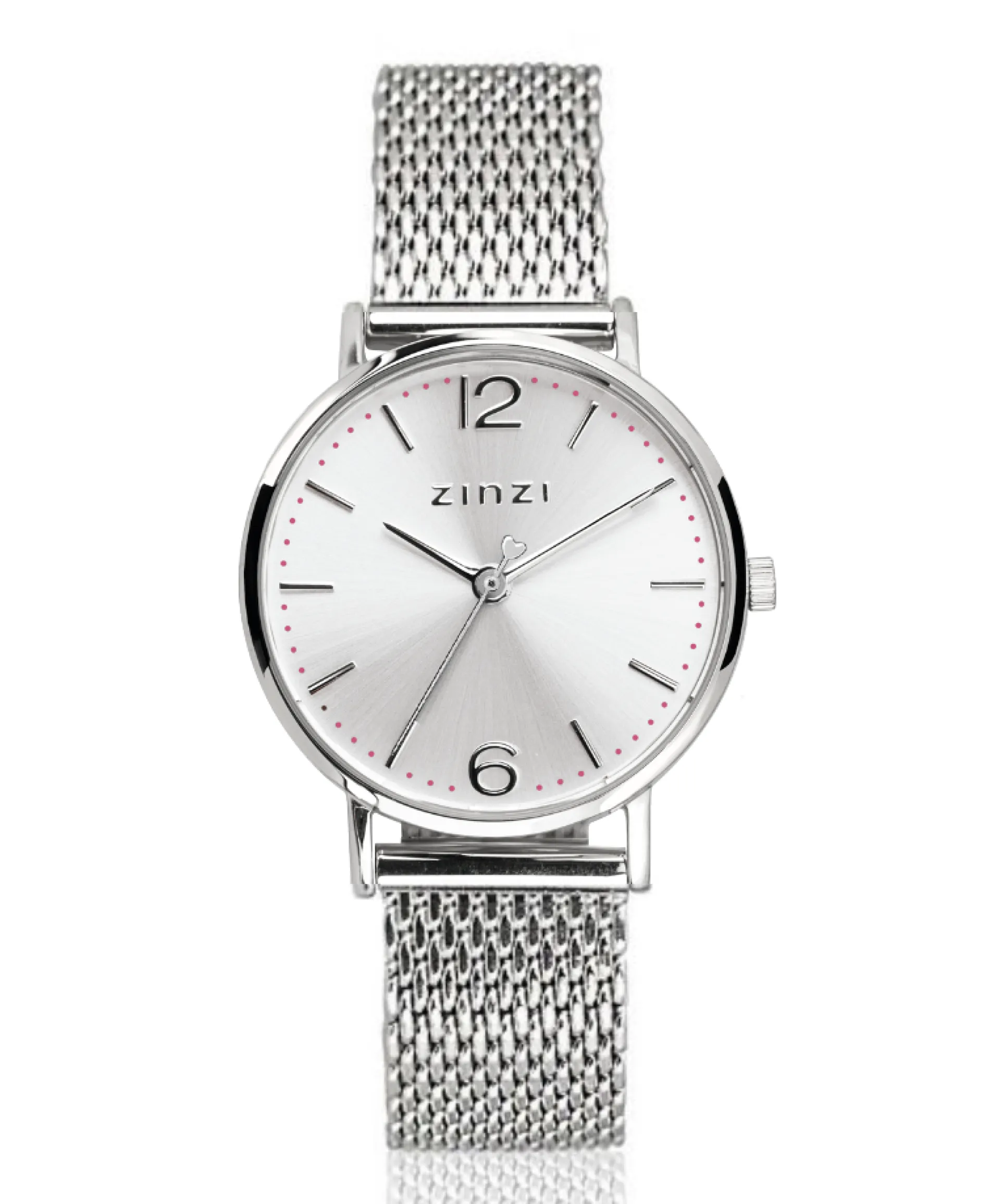 ZINZI Lady horloge zilvergekleurde wijzerplaat en kast stalen mesh band 28mm extra dun ZIW602M
