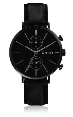 ZINZI Man watch Traveller black zwarte wijzerplaat matzwarte stalen kast zwarte leren band 39mm dual time ZIW750