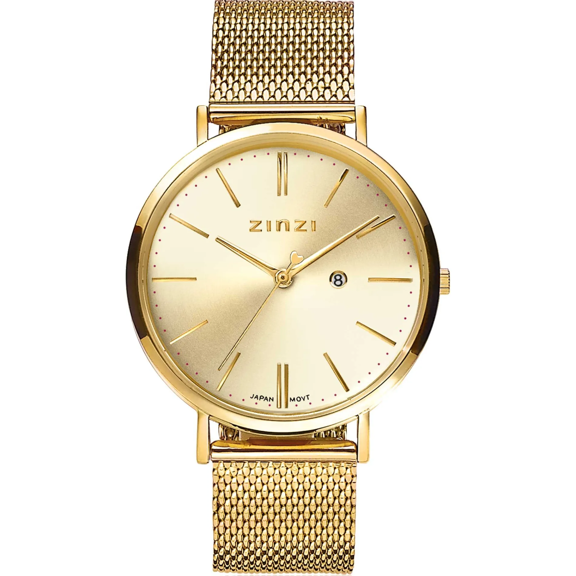 ZINZI Retro horloge goudkleurige wijzerplaat en goudkleurige stalen kast en stalen mesh band 38mm extra dun ZIW410M