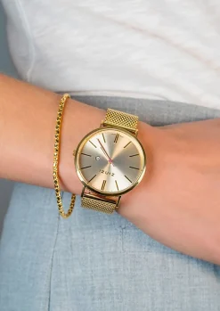 ZINZI Retro horloge goudkleurige wijzerplaat en goudkleurige stalen kast en stalen mesh band 38mm extra dun ZIW410M