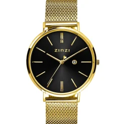 ZINZI Retro horloge 38mm zwarte wijzerplaat en geelgoudkleurige stalen kast stalen mesh band geelgoudkleurig extra dun ZIW443M