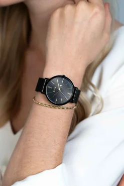 ZINZI Retro horloge 38mm zwarte wijzerplaat, goudkleurige wijzers, zwarte stalen kast, zwarte stalen mesh band extra dun ZIW449M