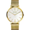ZINZI Retro horloge witte parelmoer wijzerplaat en geelgoudkleurige stalen kast stalen mesh band geelgoudkleurig 38mm extra dun ZIW448M