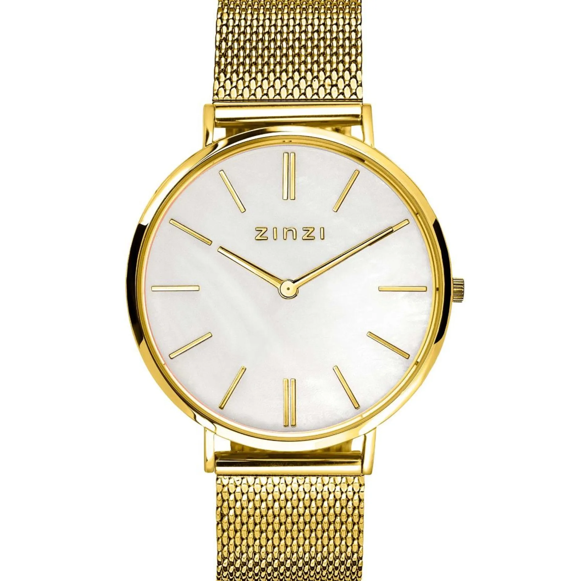 ZINZI Retro horloge witte parelmoer wijzerplaat en geelgoudkleurige stalen kast stalen mesh band geelgoudkleurig 38mm extra dun ZIW448M