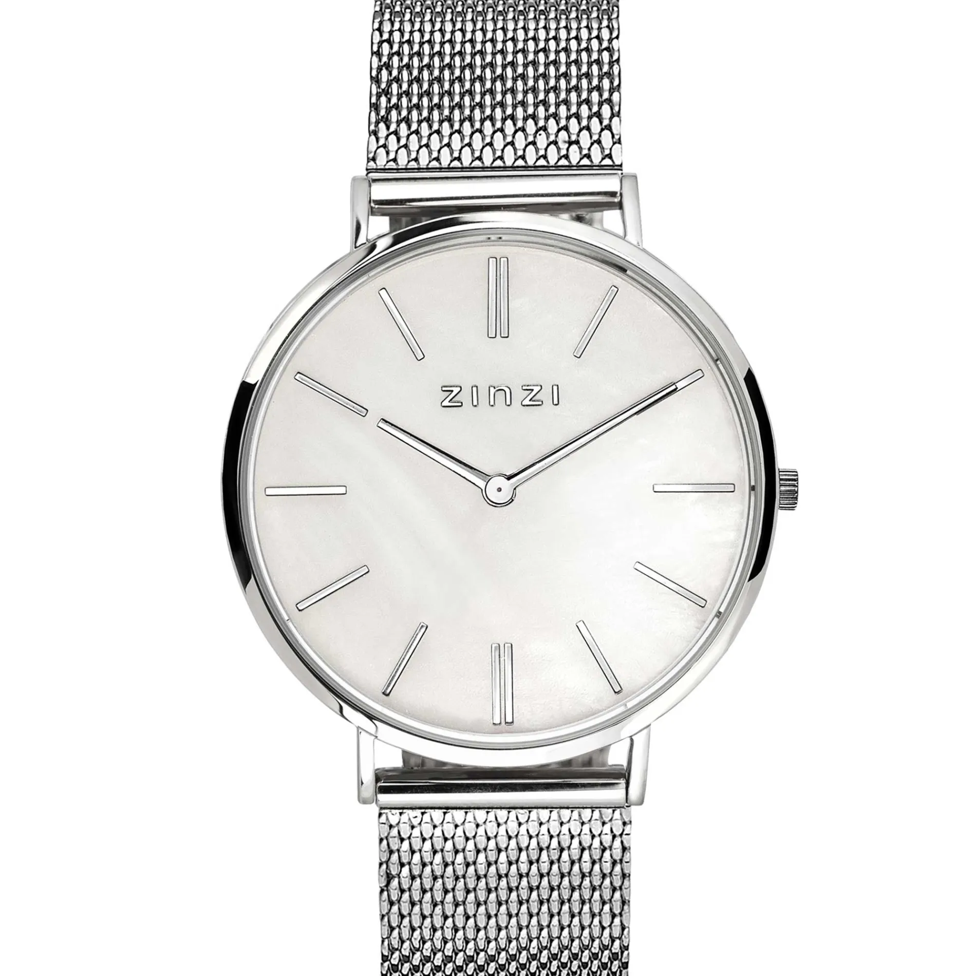 Zinzi Retro horloge witte parelmoer wijzerplaat met zilverkleurige wijzers en stalen mesh band 38mm extra dun ZIW417M