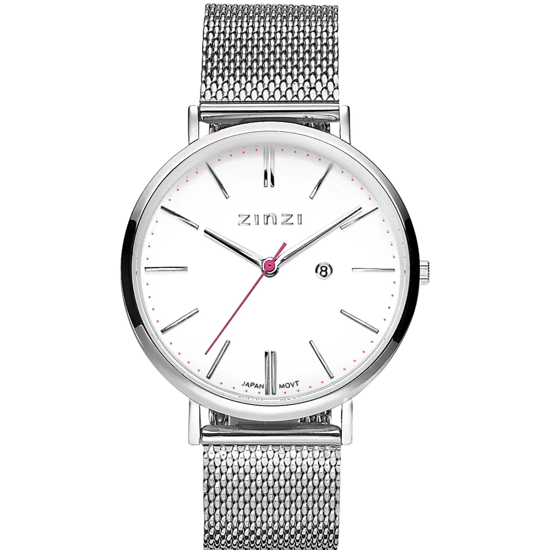 Zinzi Retro horloge witte wijzerplaat stalen kast zilvergekleurd stalen mesh band zilvergekleurd 38mm extra dun ZIW406M