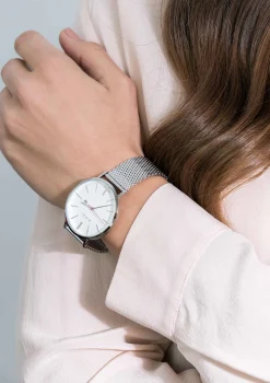 Zinzi Retro horloge witte wijzerplaat stalen kast zilvergekleurd stalen mesh band zilvergekleurd 38mm extra dun ZIW406M
