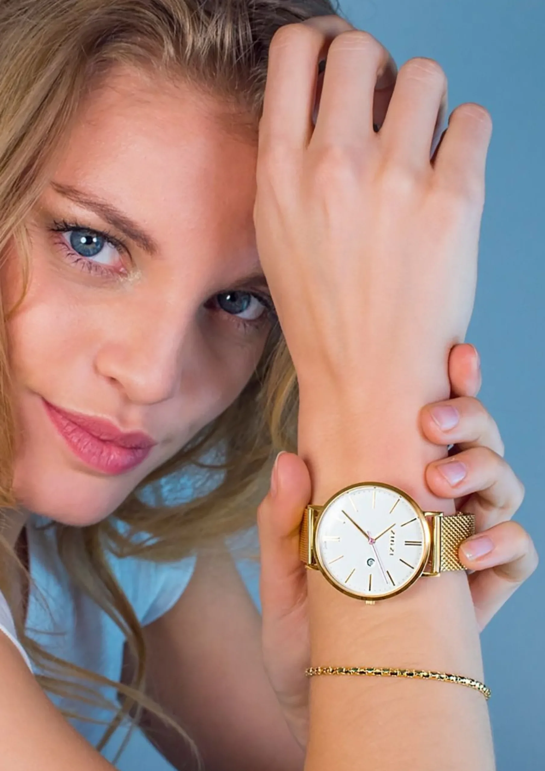 ZINZI Retro horloge witte wijzerplaat en geelgoudkleurige stalen kast stalen mesh band geelgoudkleurig 38mm extra dun ZIW407M