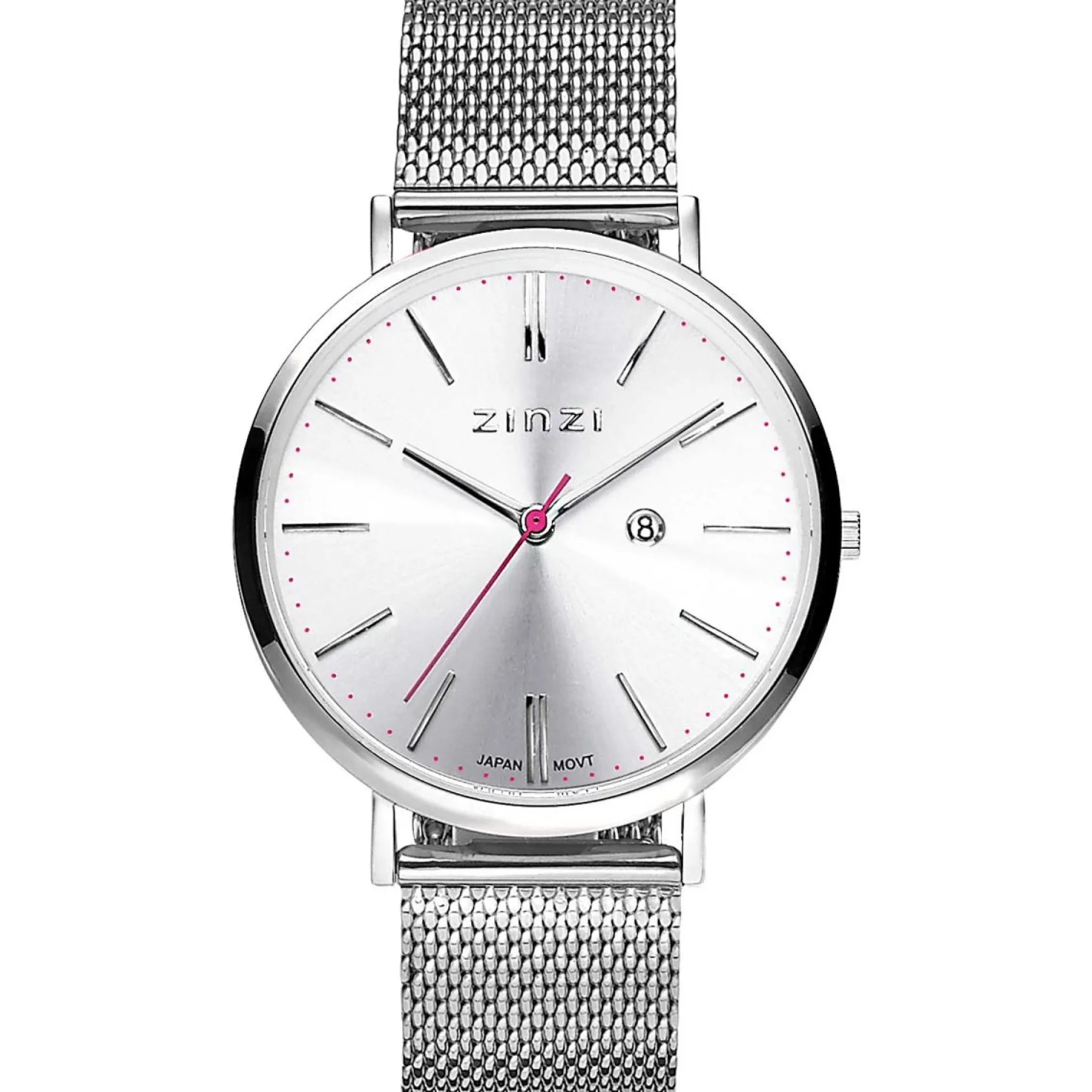Zinzi Retro horloge zilvergekleurde wijzerplaat en kast stalen mesh band 38mm extra dun ZIW402M