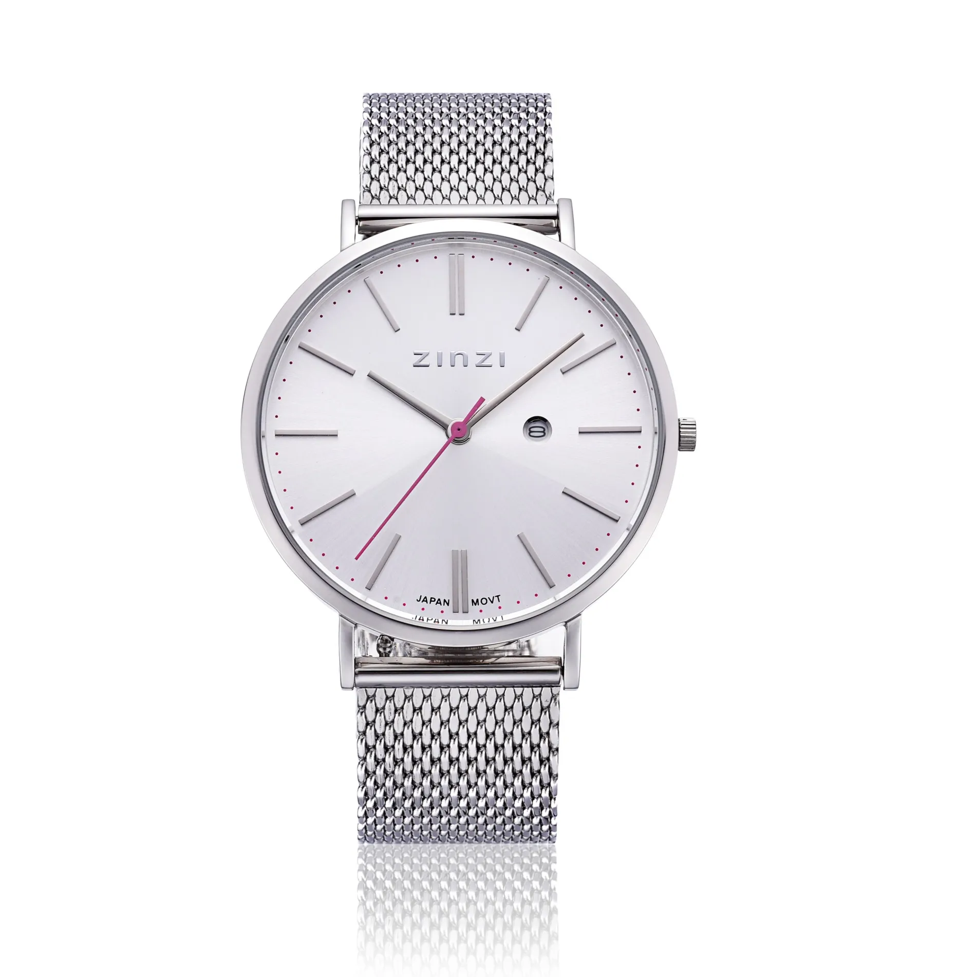 Zinzi Retro horloge zilvergekleurde wijzerplaat en kast stalen mesh band 38mm extra dun ZIW402M