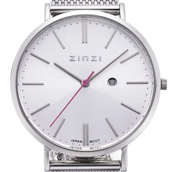 Zinzi Retro horloge zilvergekleurde wijzerplaat en kast stalen mesh band 38mm extra dun ZIW402M