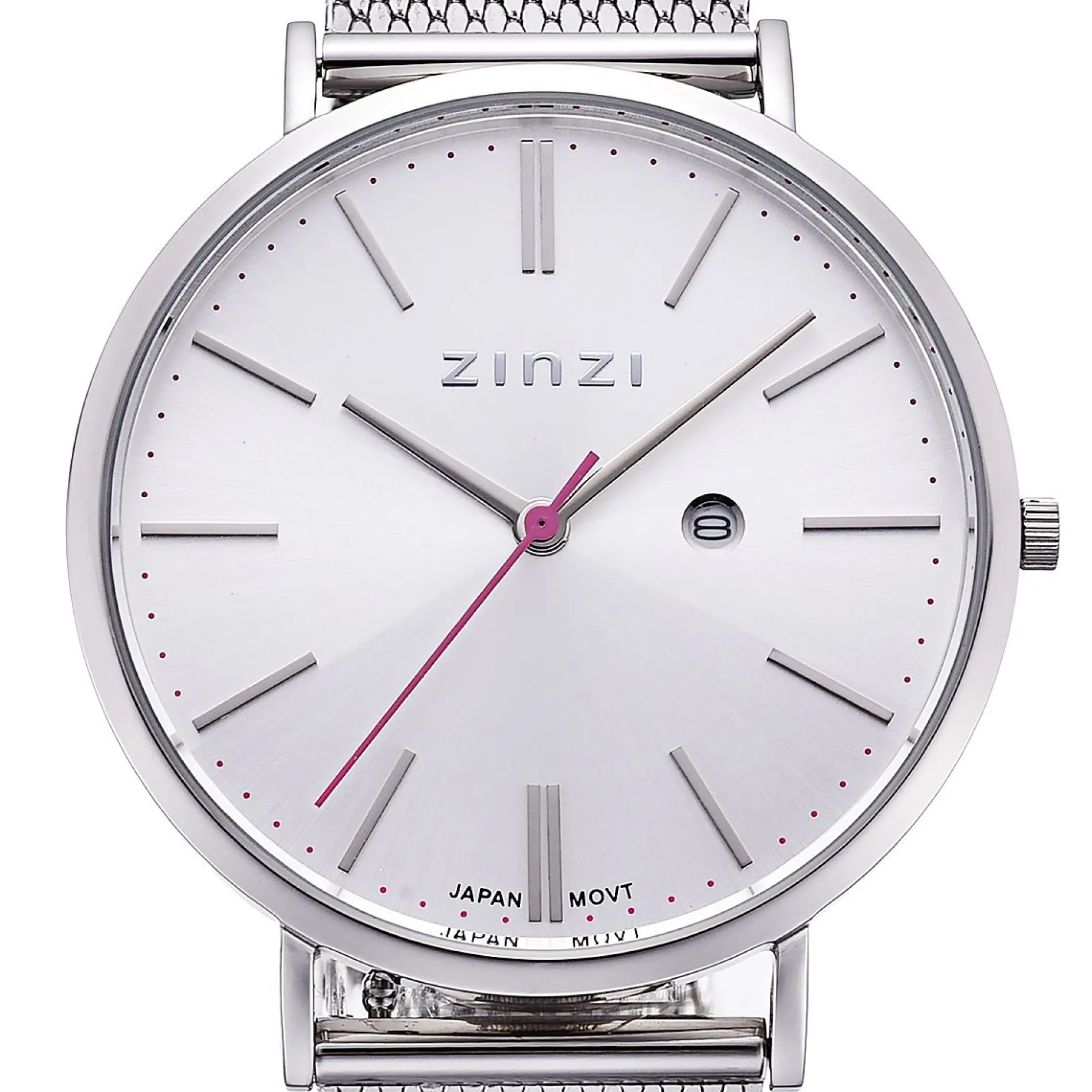 Zinzi Retro horloge zilvergekleurde wijzerplaat en kast stalen mesh band 38mm extra dun ZIW402M