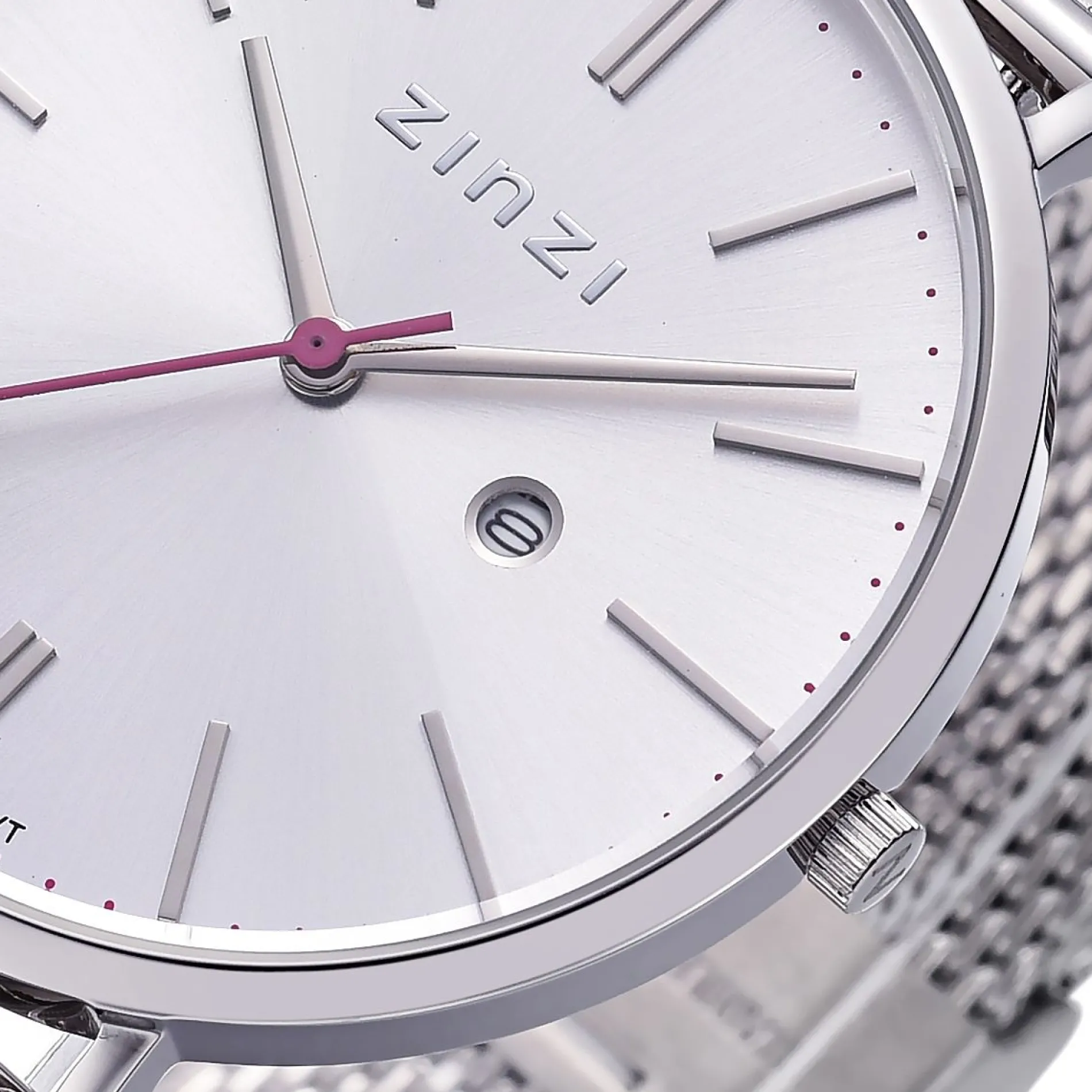 Zinzi Retro horloge zilvergekleurde wijzerplaat en kast stalen mesh band 38mm extra dun ZIW402M