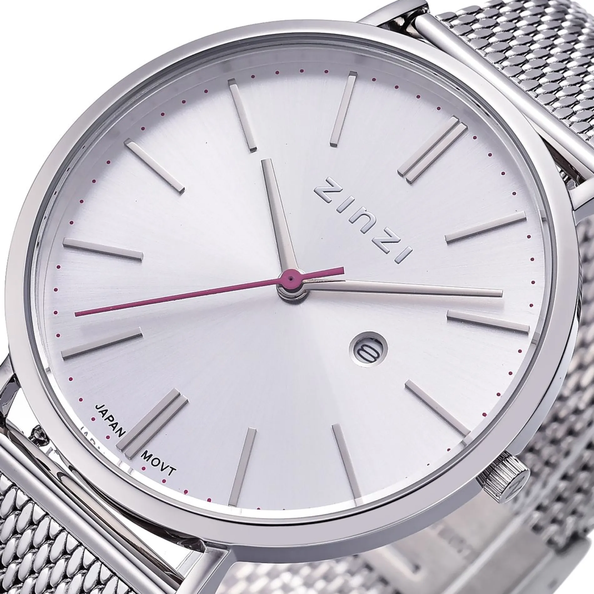 Zinzi Retro horloge zilvergekleurde wijzerplaat en kast stalen mesh band 38mm extra dun ZIW402M