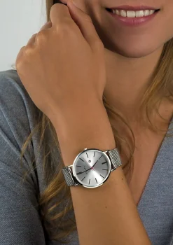 Zinzi Retro horloge zilvergekleurde wijzerplaat en kast stalen mesh band 38mm extra dun ZIW402M