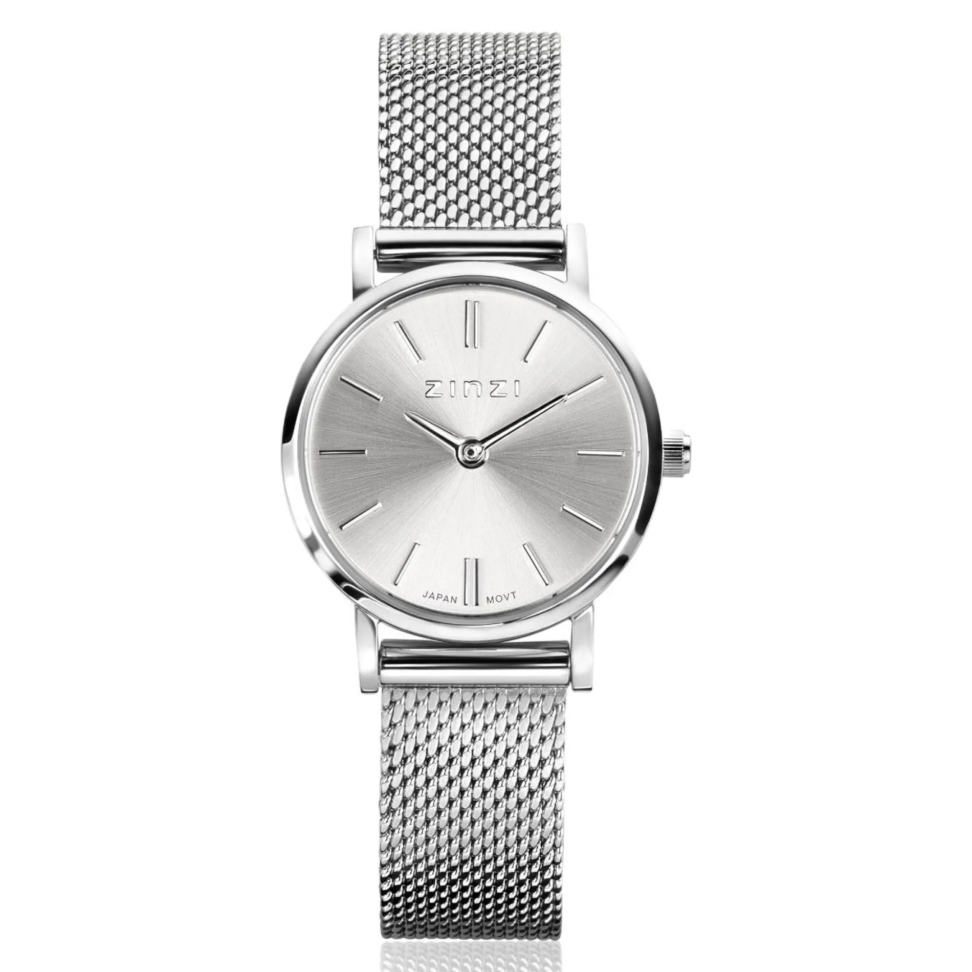 ZINZI Retro Mini horloge zilvergekleurde wijzerplaat, zilverkleurige kast en stalen mesh band, 24mm extra dun ZIW1802