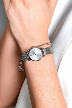 ZINZI Retro Mini horloge zilvergekleurde wijzerplaat, zilverkleurige kast en stalen mesh band, 24mm extra dun ZIW1802