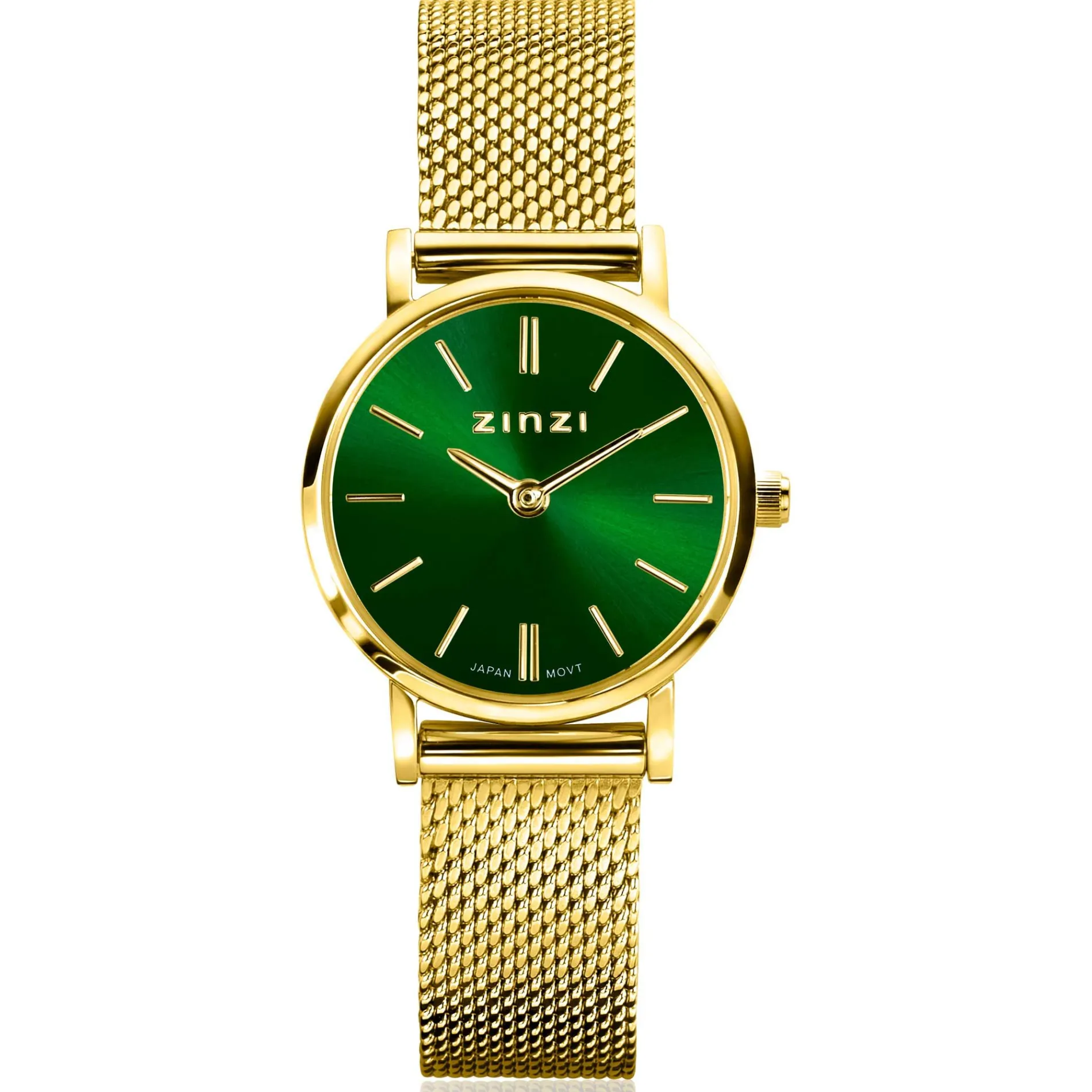 ZINZI Retro Mini horloge groene wijzerplaat, geelgoudkleurige kast en stalen mesh band, 24mm extra dun ZIW1835