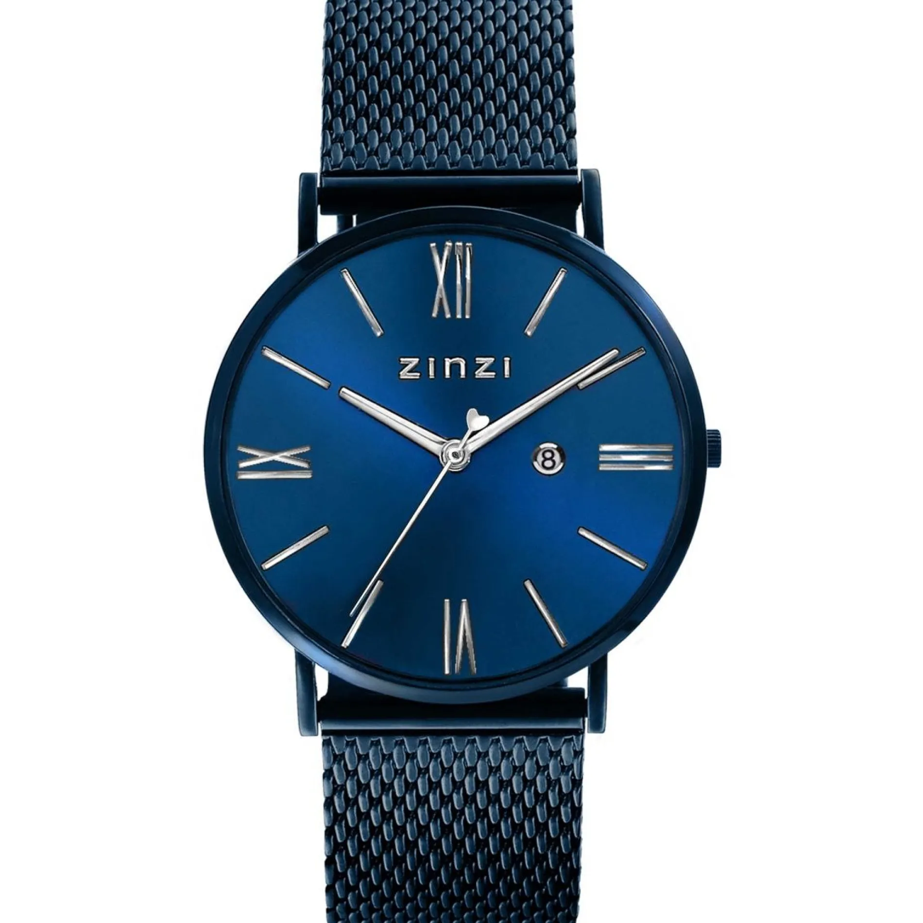 ZINZI Roman horloge blauwgekleurde wijzerplaat en kast met zilverkleurige wijzers blauwe stalen mesh band 34mm extra dun ZIW551M