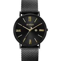 ZINZI Roman horloge 34mm zwarte wijzerplaat, zwarte kast met geelvergulde wijzers zwarte stalen mesh band extra dun ZIW549M