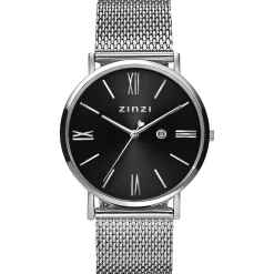 ZINZI Roman horloge 34mm zwarte sunray wijzerplaat en kast stalen mesh band extra dun ZIW501M