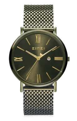ZINZI Roman horloge olijfgroene wijzerplaat en kast met goudkleurige wijzers olijfgroene stalen mesh band 34mm ZIW544M