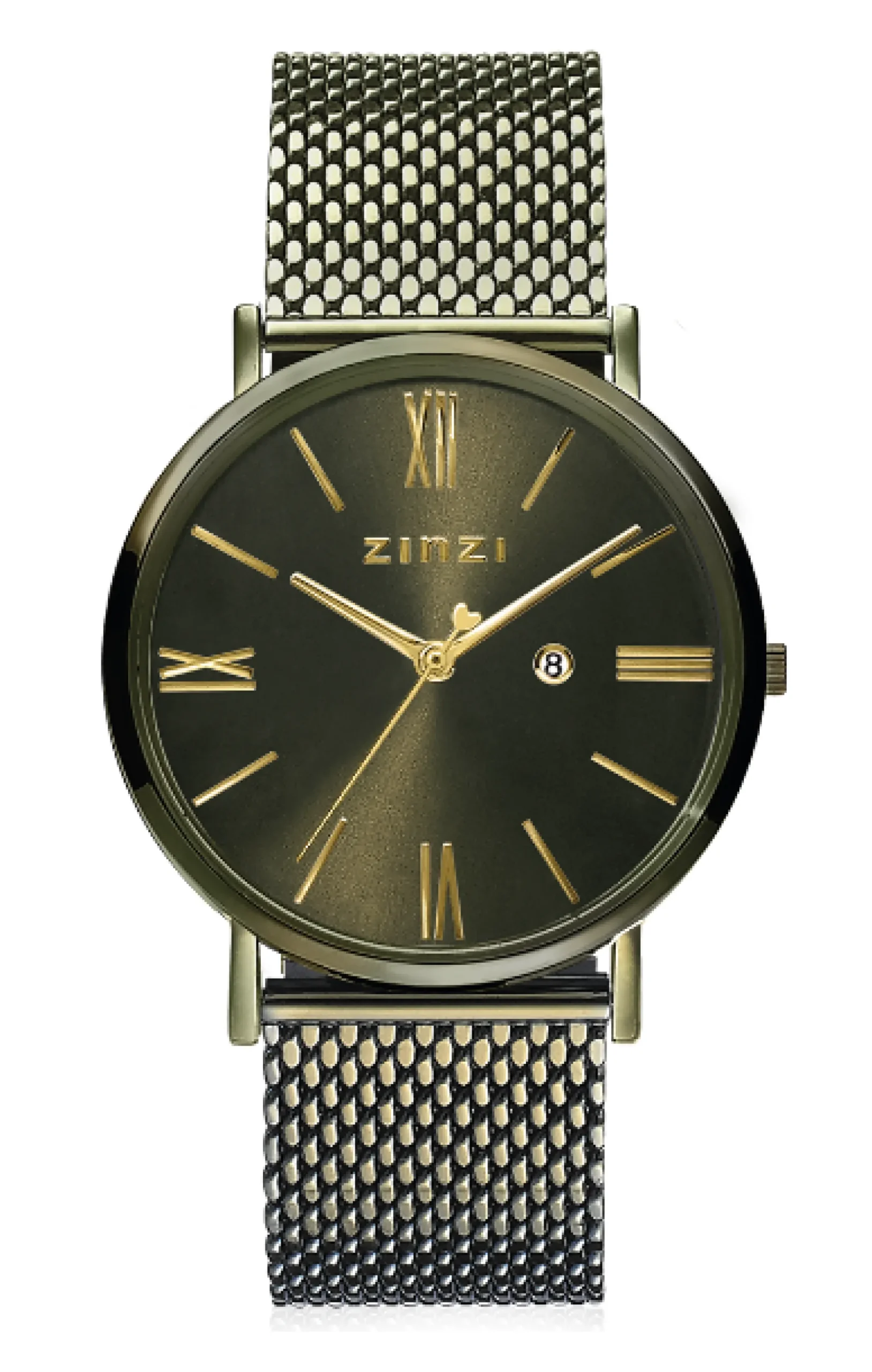 ZINZI Roman horloge olijfgroene wijzerplaat en kast met goudkleurige wijzers olijfgroene stalen mesh band 34mm ZIW544M