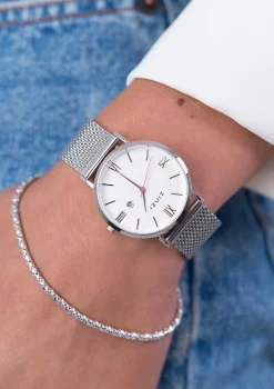 ZINZI Roman horloge witte wijzerplaat stalen kast stalen mesh band 34mm extra dun ZIW506M