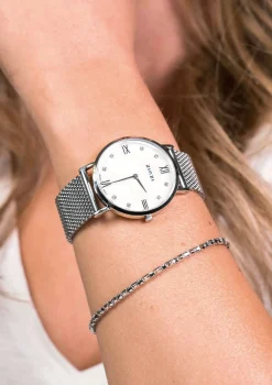 ZINZI Roman horloge witte parelmoer wijzerplaat, witte zirconia's bij uuraanduiding, stalen mesh band 34mm extra dun ZIW521M