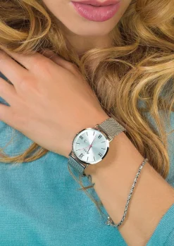 ZINZI Roman horloge zilvergekleurde wijzerplaat en kast stalen mesh band 34mm extra dun ZIW502M
