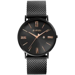 ZINZI Roman horloge zwartgekleurde wijzerplaat en kast met rosé wijzers zwarte stalen mesh band 34mm extra dun ZIW509M