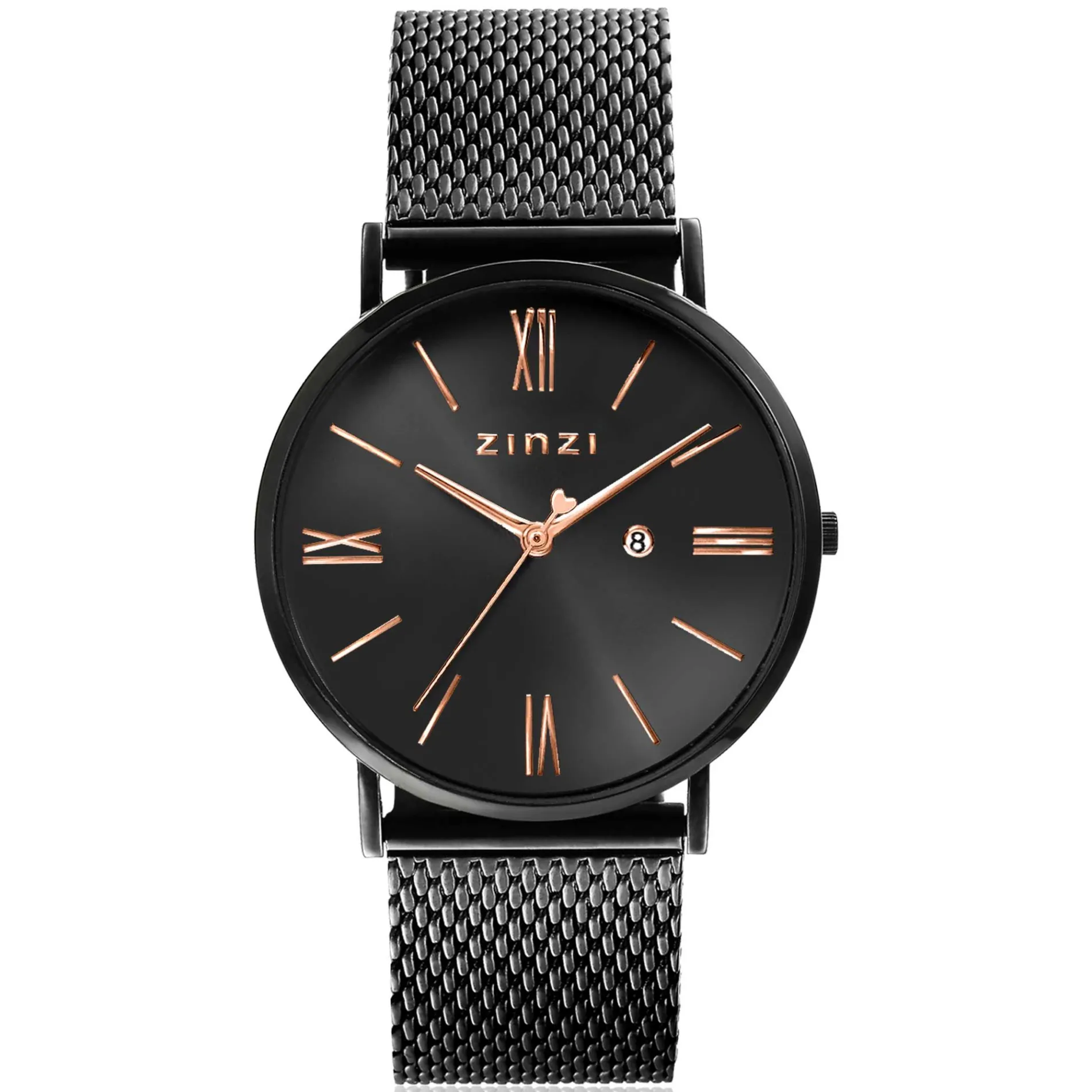 ZINZI Roman horloge zwartgekleurde wijzerplaat en kast met rosé wijzers zwarte stalen mesh band 34mm extra dun ZIW509M
