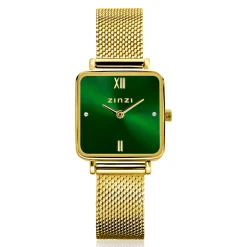 ZINZI Square Mini horloge groene wijzerplaat en vierkante geelgoudkleurige kast stalen mesh band 22mm extra dun ZIW1735
