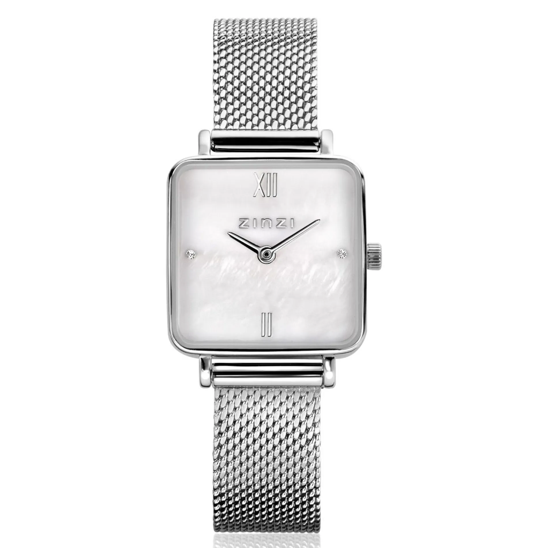ZINZI Square Mini horloge witte parelmoer wijzerplaat en vierkante zilverkleurige kast stalen mesh band 22mm extra dun ZIW1717