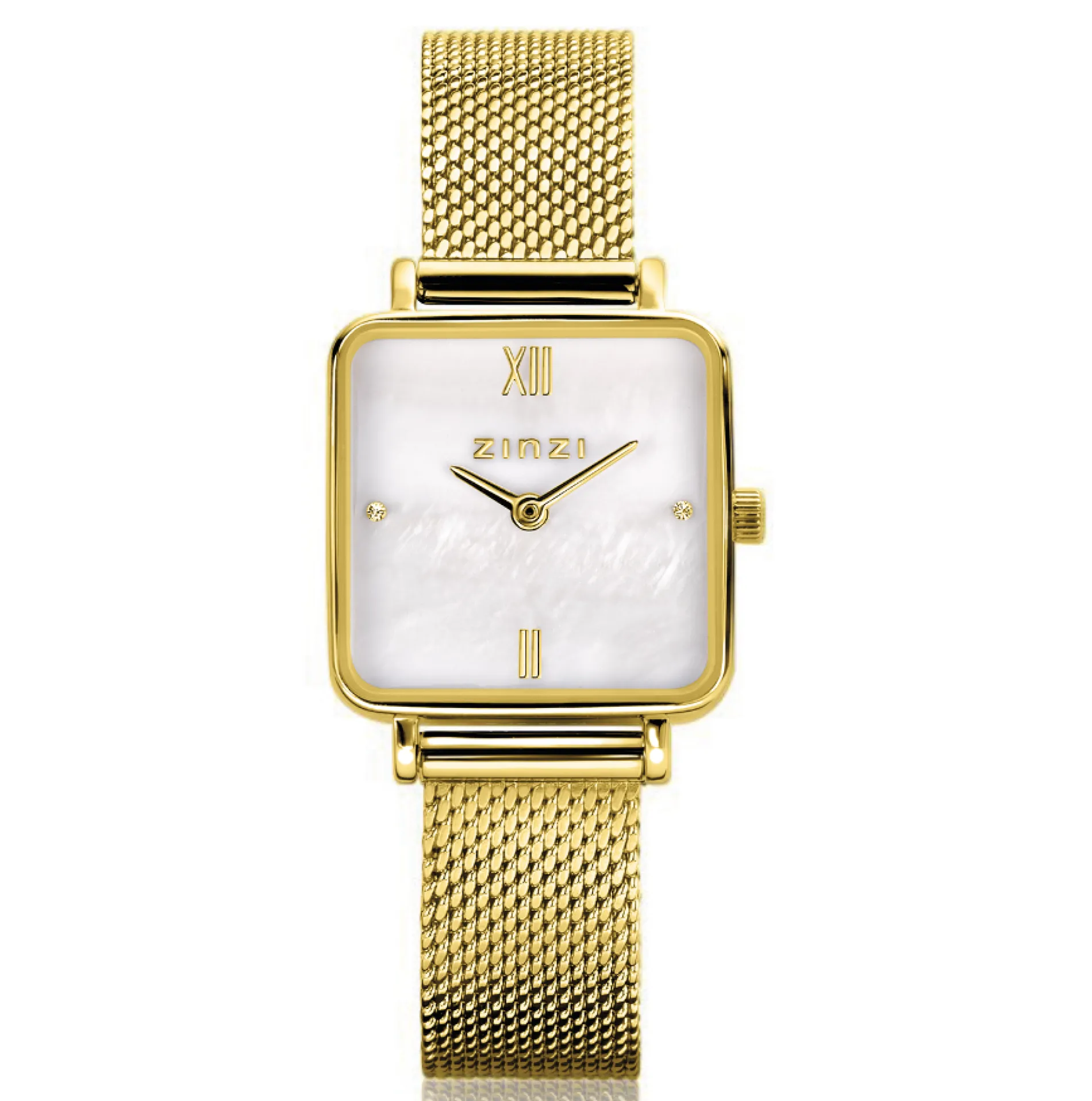 ZINZI Square Mini horloge witte parelmoer wijzerplaat en vierkante geelgoudkleurige kast stalen mesh band 22mm extra dun ZIW1734