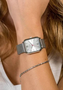 ZINZI Square Roman horloge zilvergekleurde wijzerplaat en rechthoekige kast stalen mesh band 32mm extra dun ZIW802M