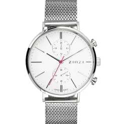 ZINZI Traveller horloge witte wijzerplaat en kast stalen mesh band 39mm dual time ZIW706M