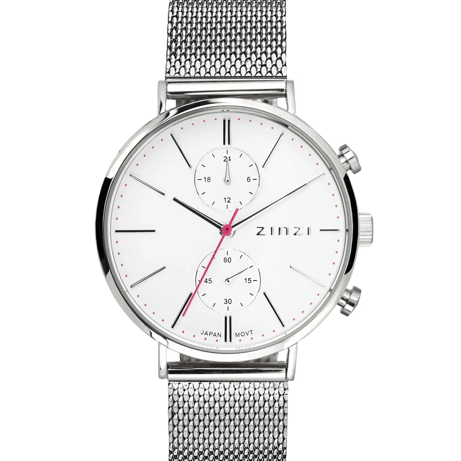 ZINZI Traveller horloge witte wijzerplaat en kast stalen mesh band 39mm dual time ZIW706M