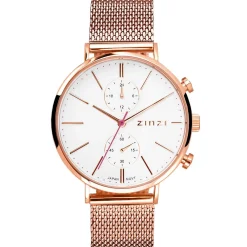 ZINZI Traveller horloge witte wijzerplaat en roségoudkleurige kast stalen mesh band roségoudkleurig 39mm dual time ZIW708M